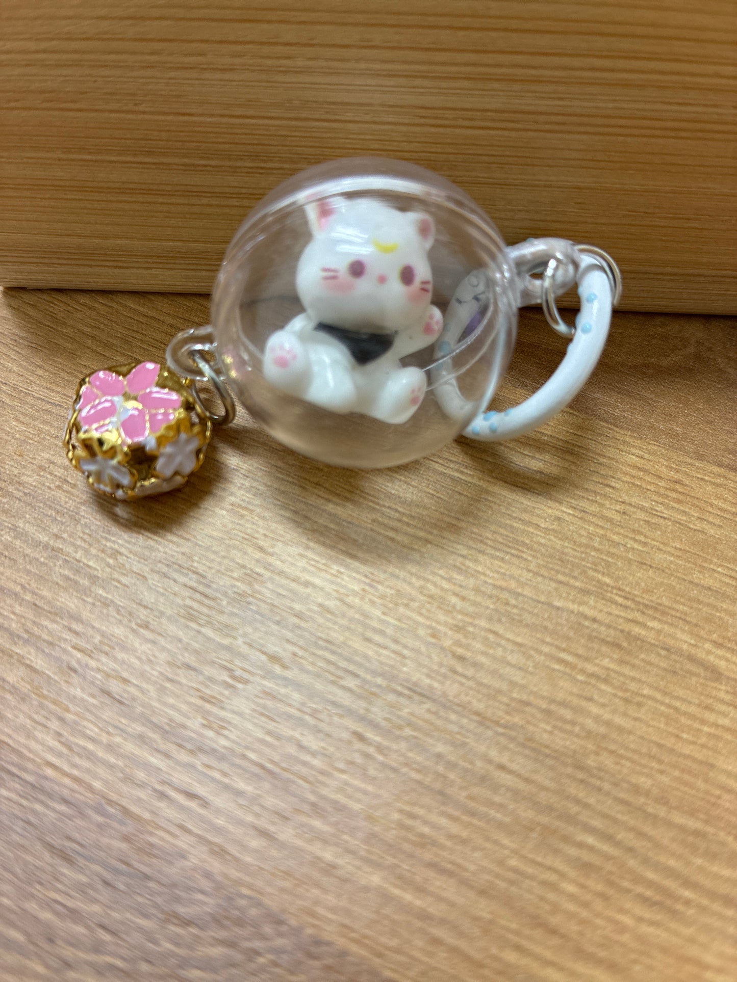 Key Charm, Bag Charm White Kitten, Pink Flower