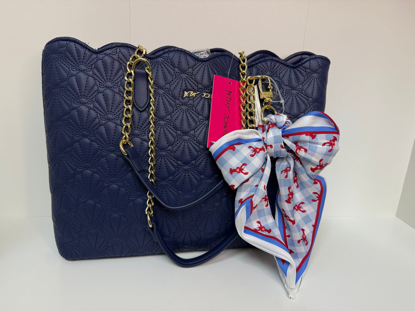 Betsey Johnson Quilted Shell Tote, Scalloped Edge, Lobster Scarf