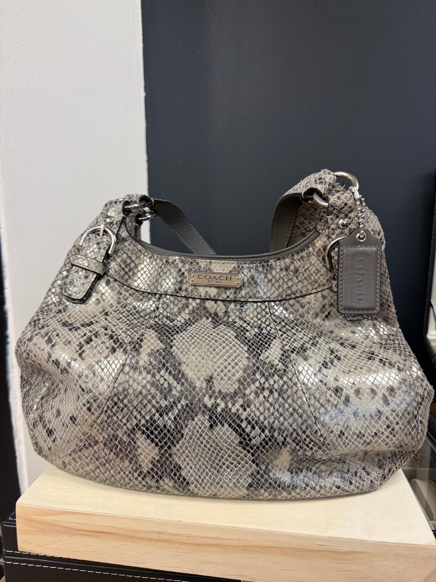 Coach Madison Maggie Hobo Bag (Style No. F19678) grey/silver python-embossed leather