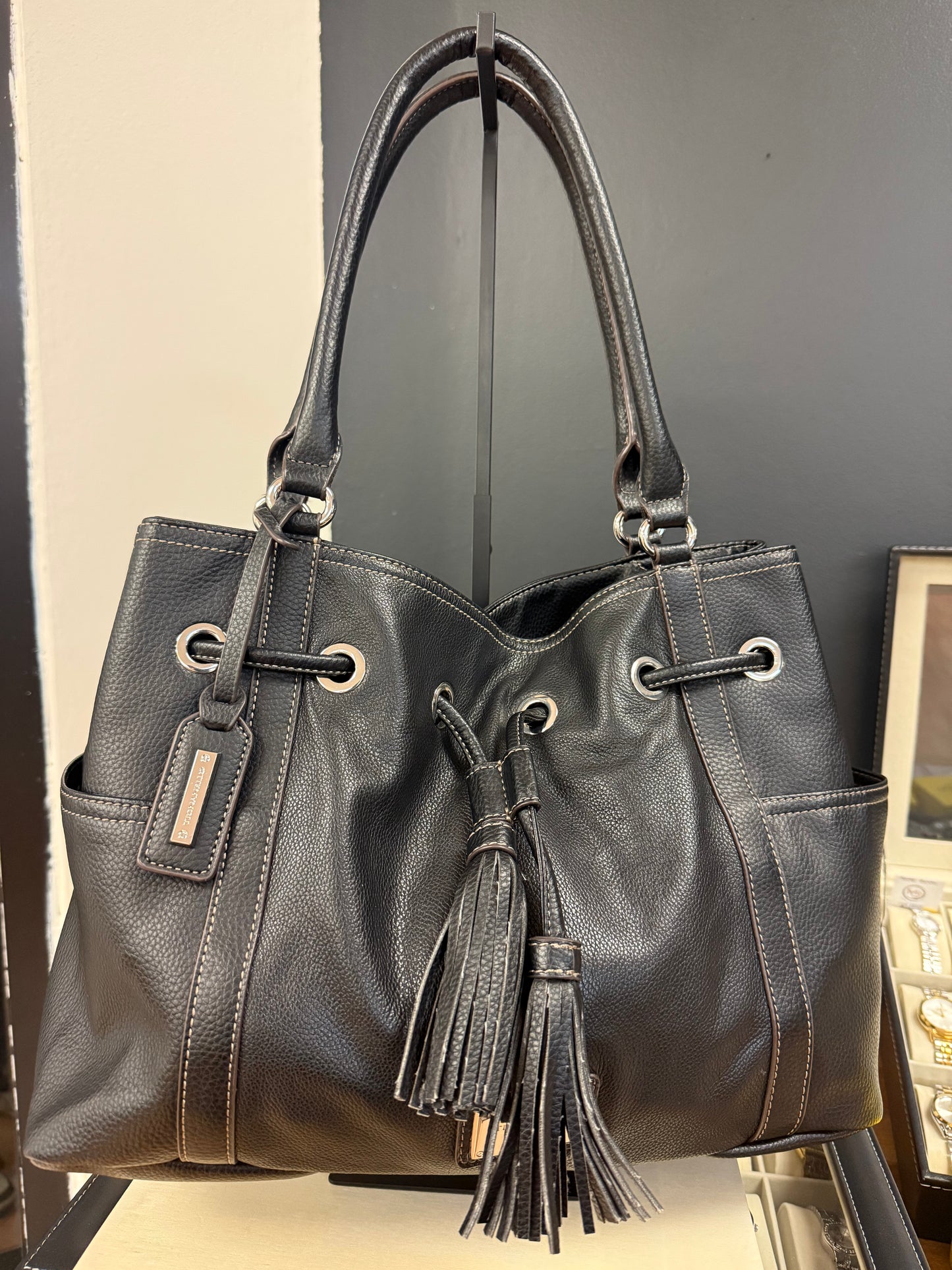 Tignanello Black Leather Drawstring Tassel Shoulder Bag