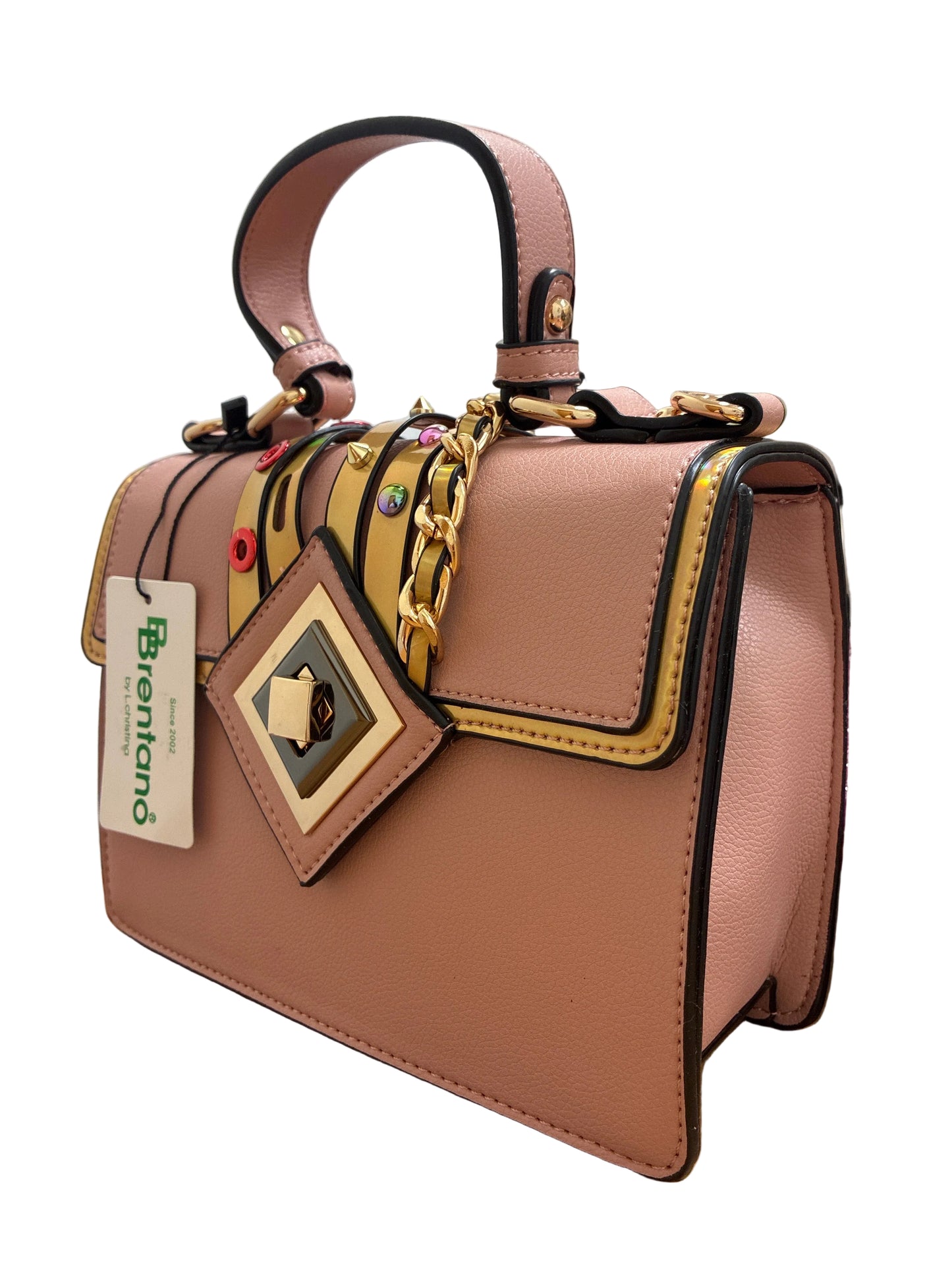 BRENTANO Medium Crossbody Top Handle Purse with Metallic Trim