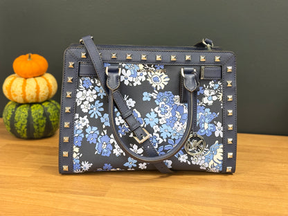 Michael Kors Dillon Navy Blue Floral Studded Saffiano Leather Satchel