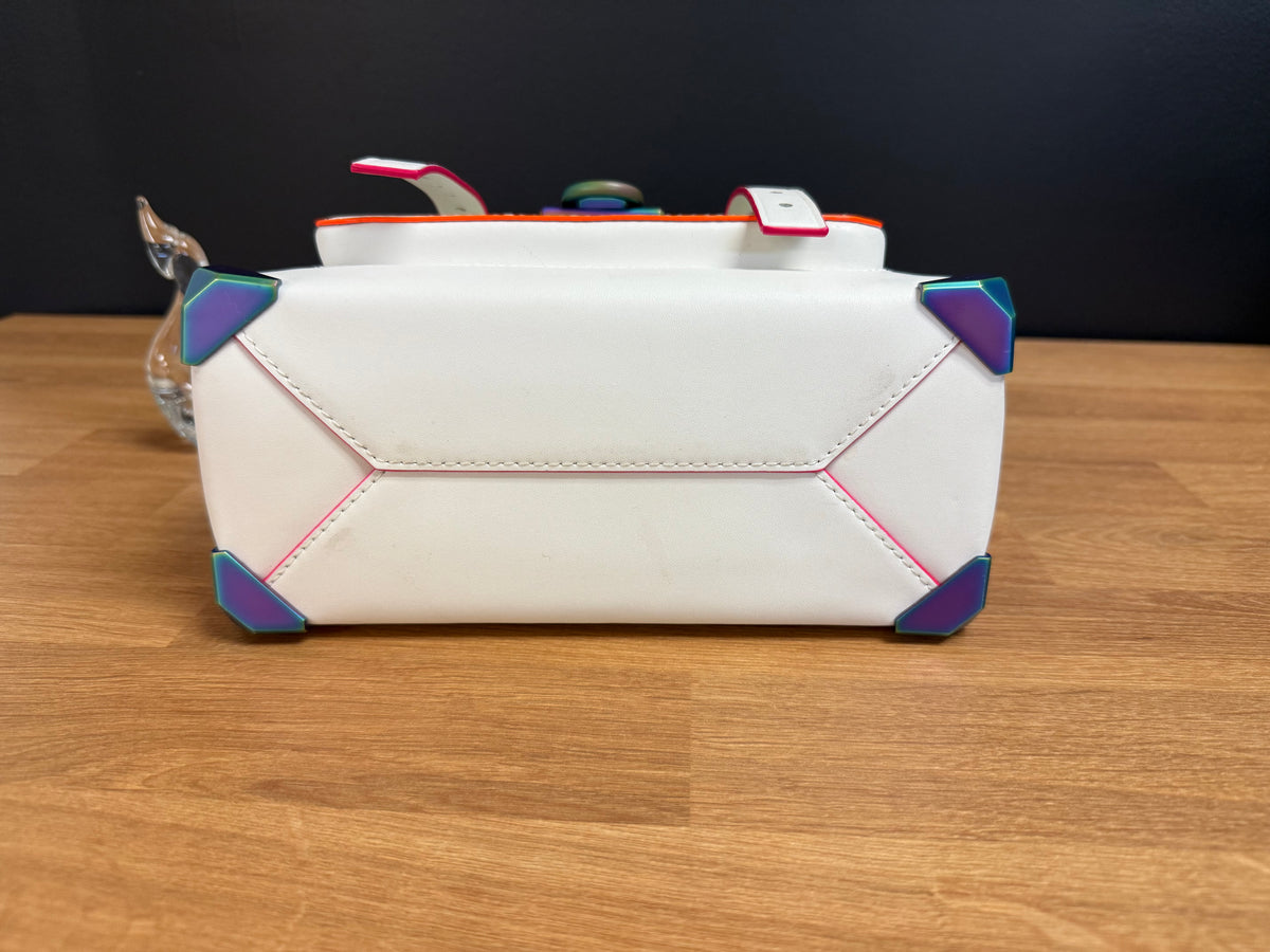 Michael Kors Manhattan Medium Contrast-Trim Leather Satchel, White with Neon