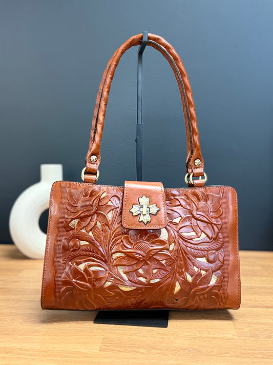 Patricia Nash Rosina Leather Satchel – Tan Cutout Tooled Pattern