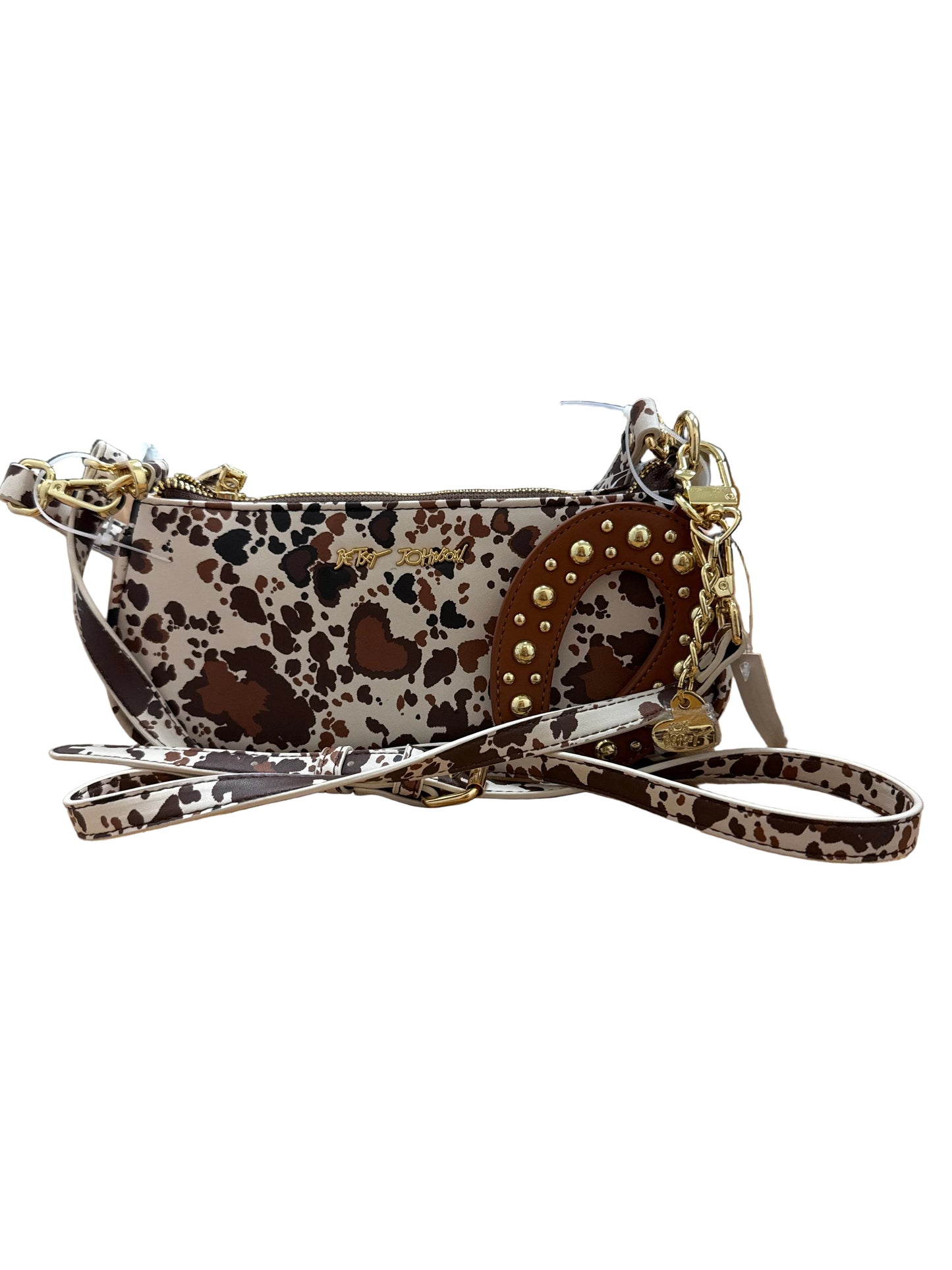 Betsey Johnson Heart Cow Print Shoulder Bag with Horseshoe Charm