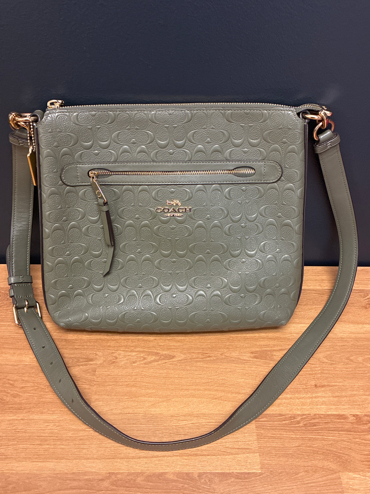 Coach Mae File Crossbody Bag in Signature Embossed Leather- Olive Green