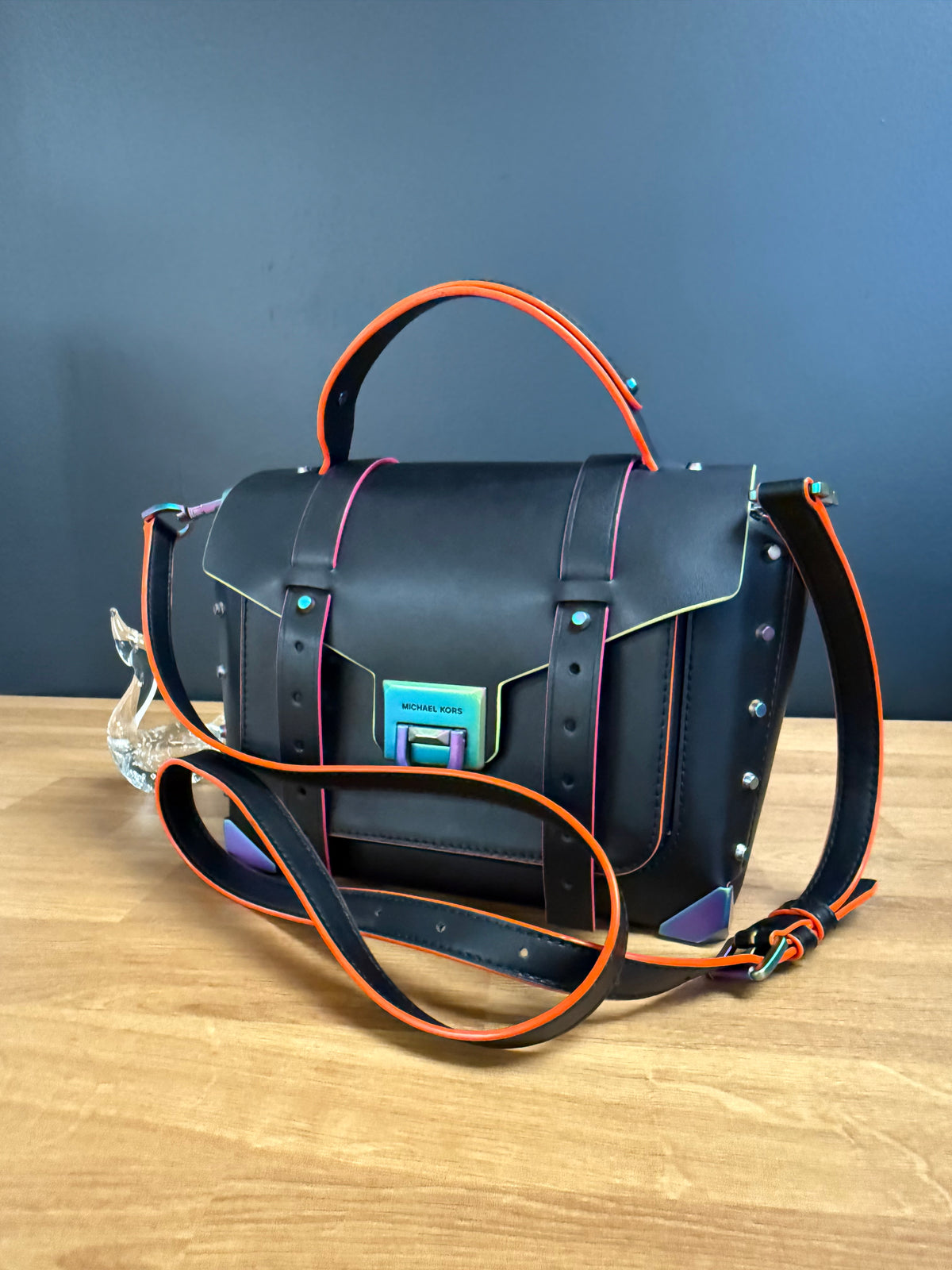 Michael Kors Manhattan Medium Contrast-Trim Leather Satchel, Black with Neon