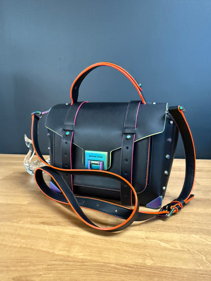Michael Kors Manhattan Medium Contrast-Trim Leather Satchel, Black with Neon