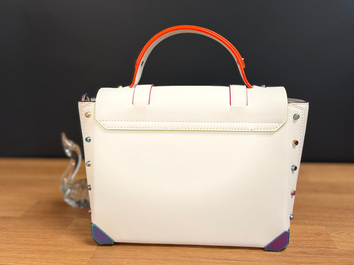 Michael Kors Manhattan Medium Contrast-Trim Leather Satchel, White with Neon