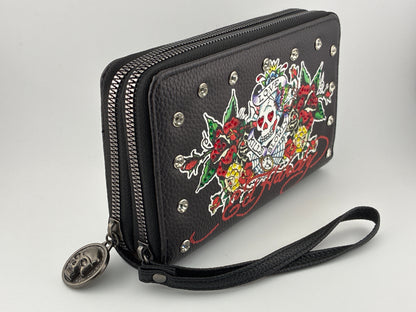 Ed Hardy skull double zipper wallet