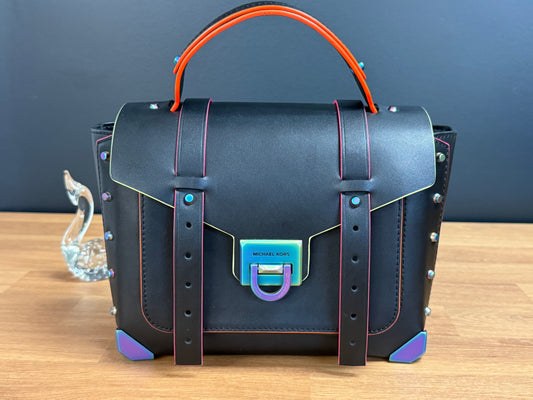 Michael Kors Manhattan Medium Contrast-Trim Leather Satchel, Black with Neon