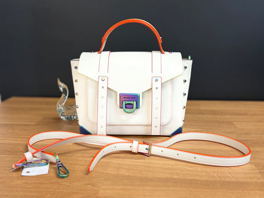 Michael Kors Manhattan Medium Contrast-Trim Leather Satchel, White with Neon