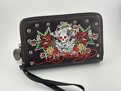 Ed Hardy skull double zipper wallet