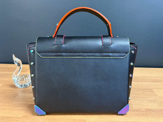 Michael Kors Manhattan Medium Contrast-Trim Leather Satchel, Black with Neon