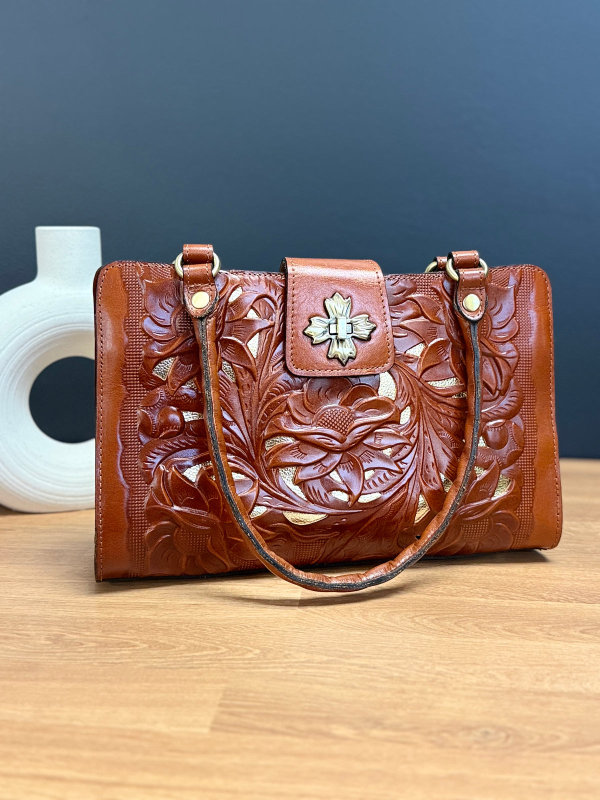 Patricia Nash Rosina Leather Satchel – Tan Cutout Tooled Pattern