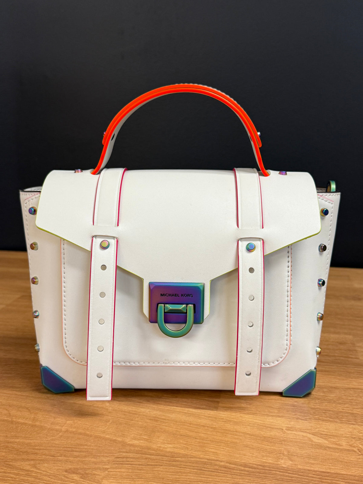 Michael Kors Manhattan Medium Contrast-Trim Leather Satchel, White with Neon