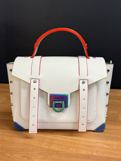 Michael Kors Manhattan Medium Contrast-Trim Leather Satchel, White with Neon