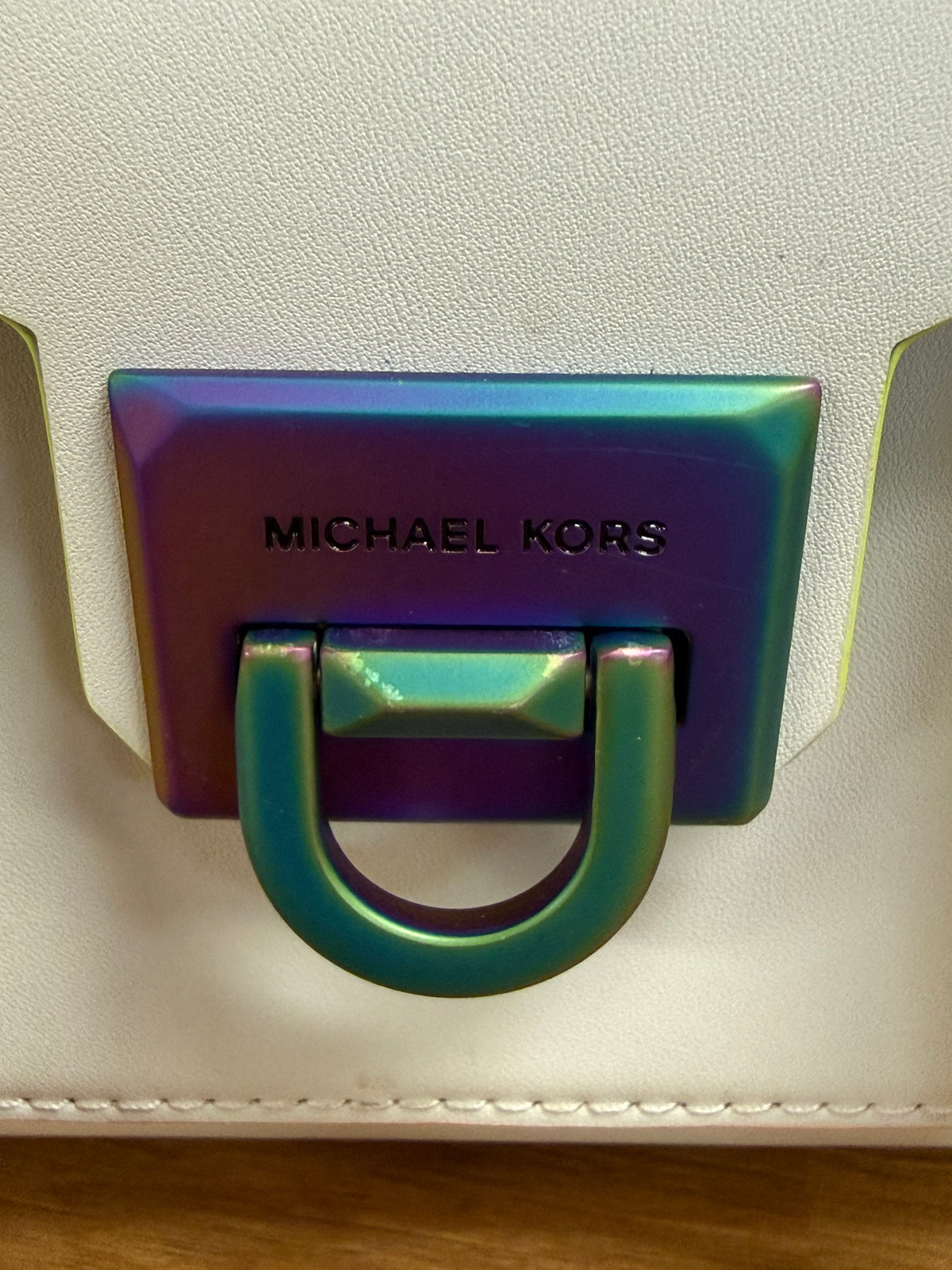 Michael Kors Manhattan Medium Contrast-Trim Leather Satchel, White with Neon