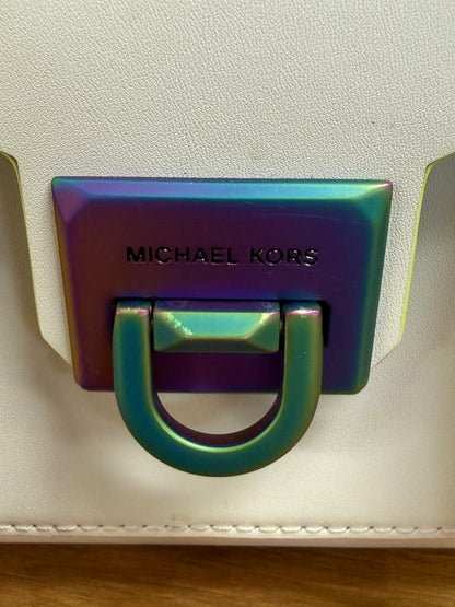 Michael Kors Manhattan Medium Contrast-Trim Leather Satchel, White with Neon