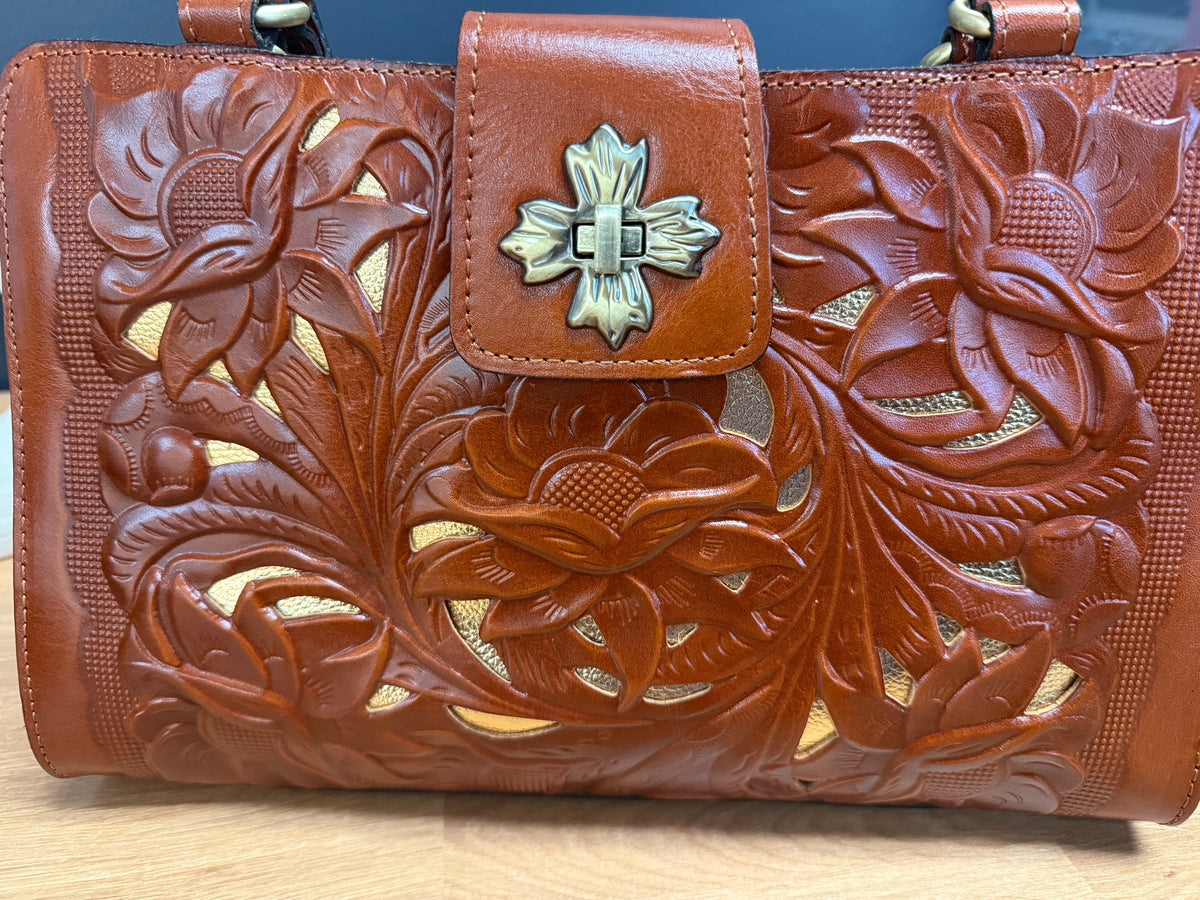 Patricia Nash Rosina Leather Satchel – Tan Cutout Tooled Pattern