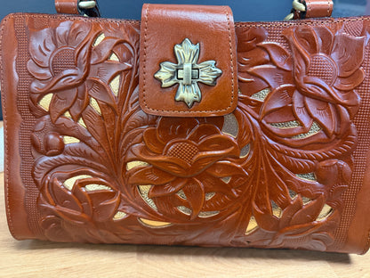 Patricia Nash Rosina Leather Satchel – Tan Cutout Tooled Pattern