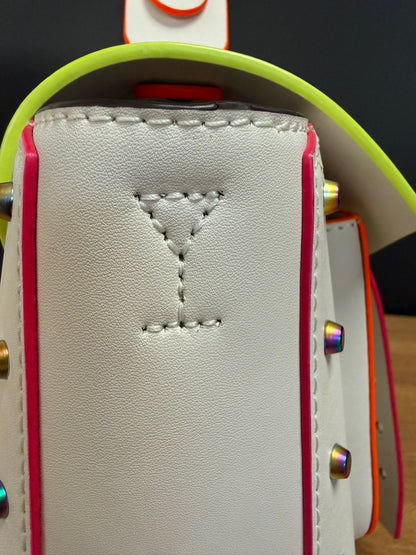 Michael Kors Manhattan Medium Contrast-Trim Leather Satchel, White with Neon