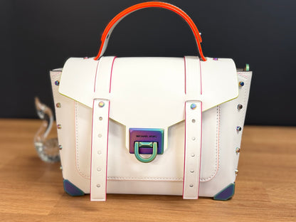 Michael Kors Manhattan Medium Contrast-Trim Leather Satchel, White with Neon