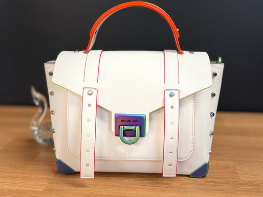Michael Kors Manhattan Medium Contrast-Trim Leather Satchel, White with Neon
