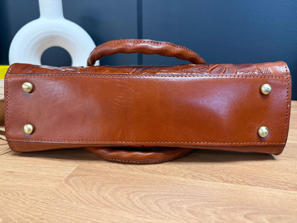 Patricia Nash Rosina Leather Satchel – Tan Cutout Tooled Pattern