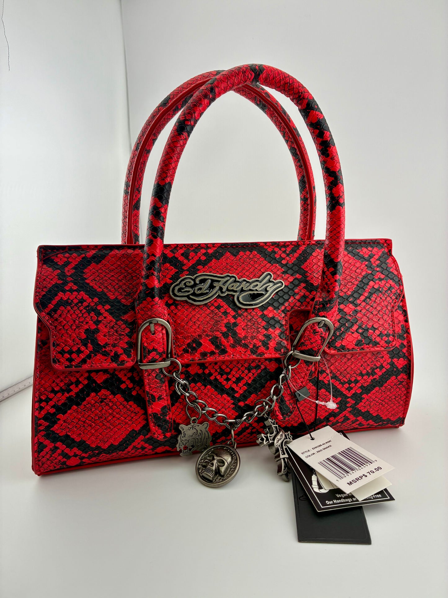 Ed Hardy Red & Black Faux Leather Snake Print Satchel