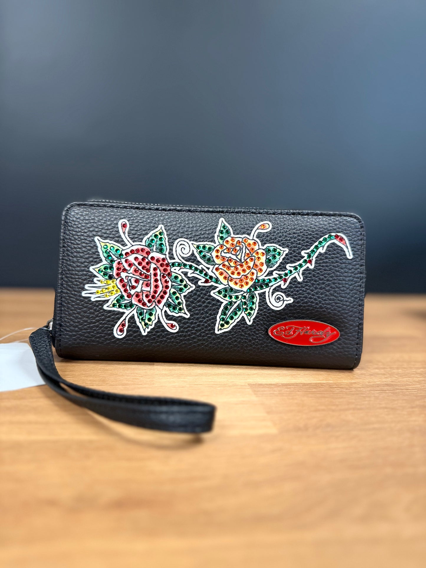 Ed Hardy Black Vegan Leather Zip-Around Roses Rhinestone Wallet Wristlet