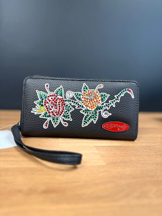 Ed Hardy Black Vegan Leather Zip-Around Roses Rhinestone Wallet Wristlet