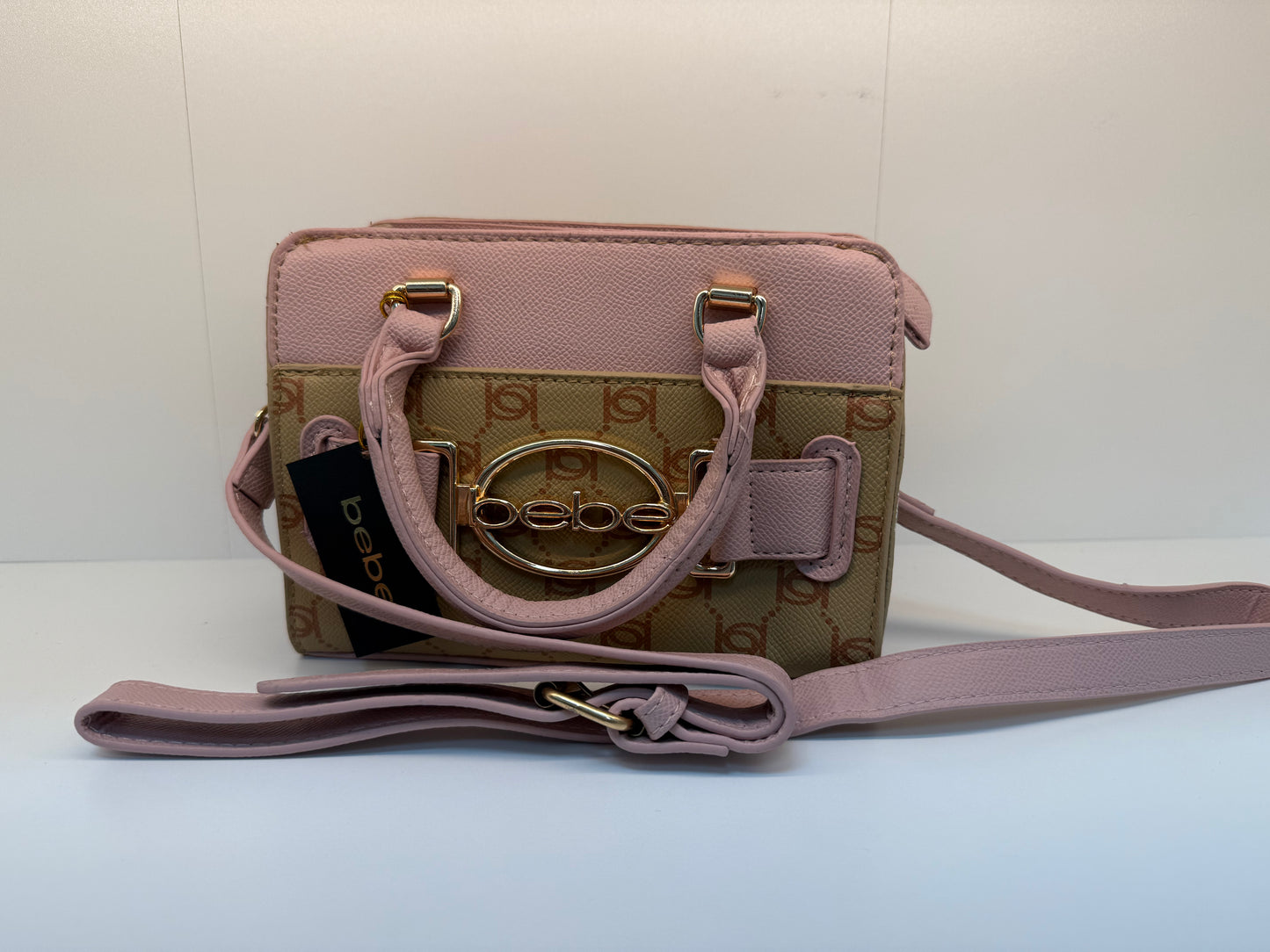 Bebe-Leilani, monogram top handle, Crossbody, almond/powder pink