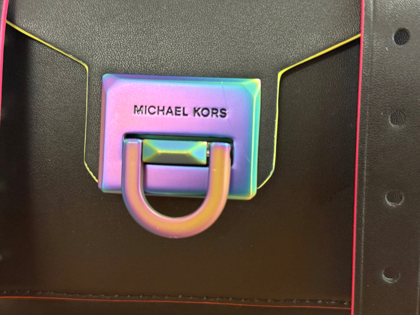 Michael Kors Manhattan Medium Contrast-Trim Leather Satchel, Black with Neon