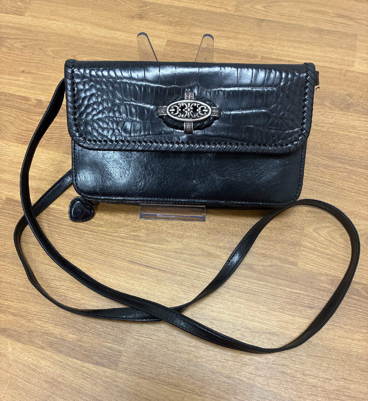 Brighton Black Croc Embossed Leather Wallet/Clutch with shoulder strap- Silver Heart Hardware Organizer