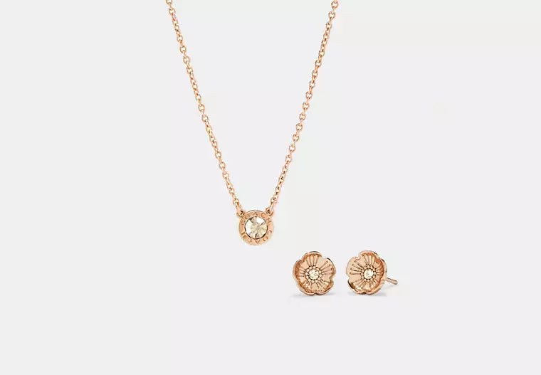 Coach Open Circle Necklace And Tea Rose Stud Earrings Set