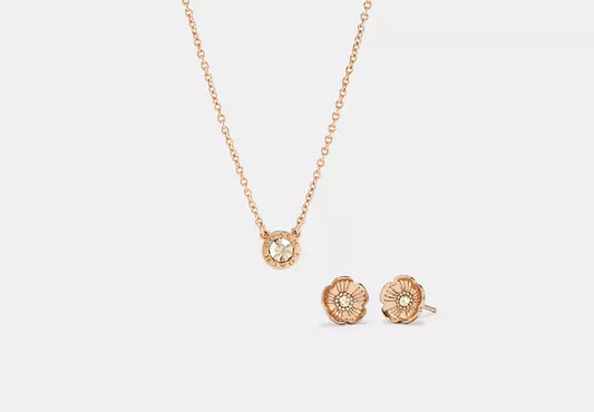 Coach Open Circle Necklace And Tea Rose Stud Earrings Set